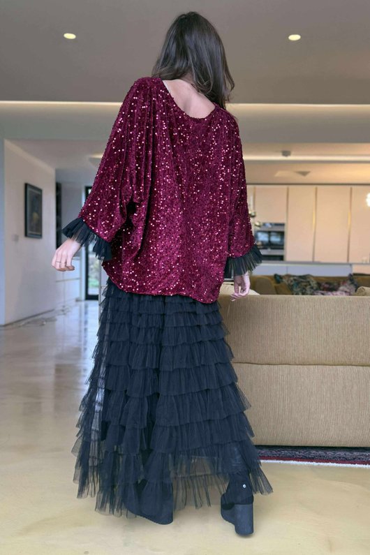 Vivie Velvet Sequin Top Burgundy